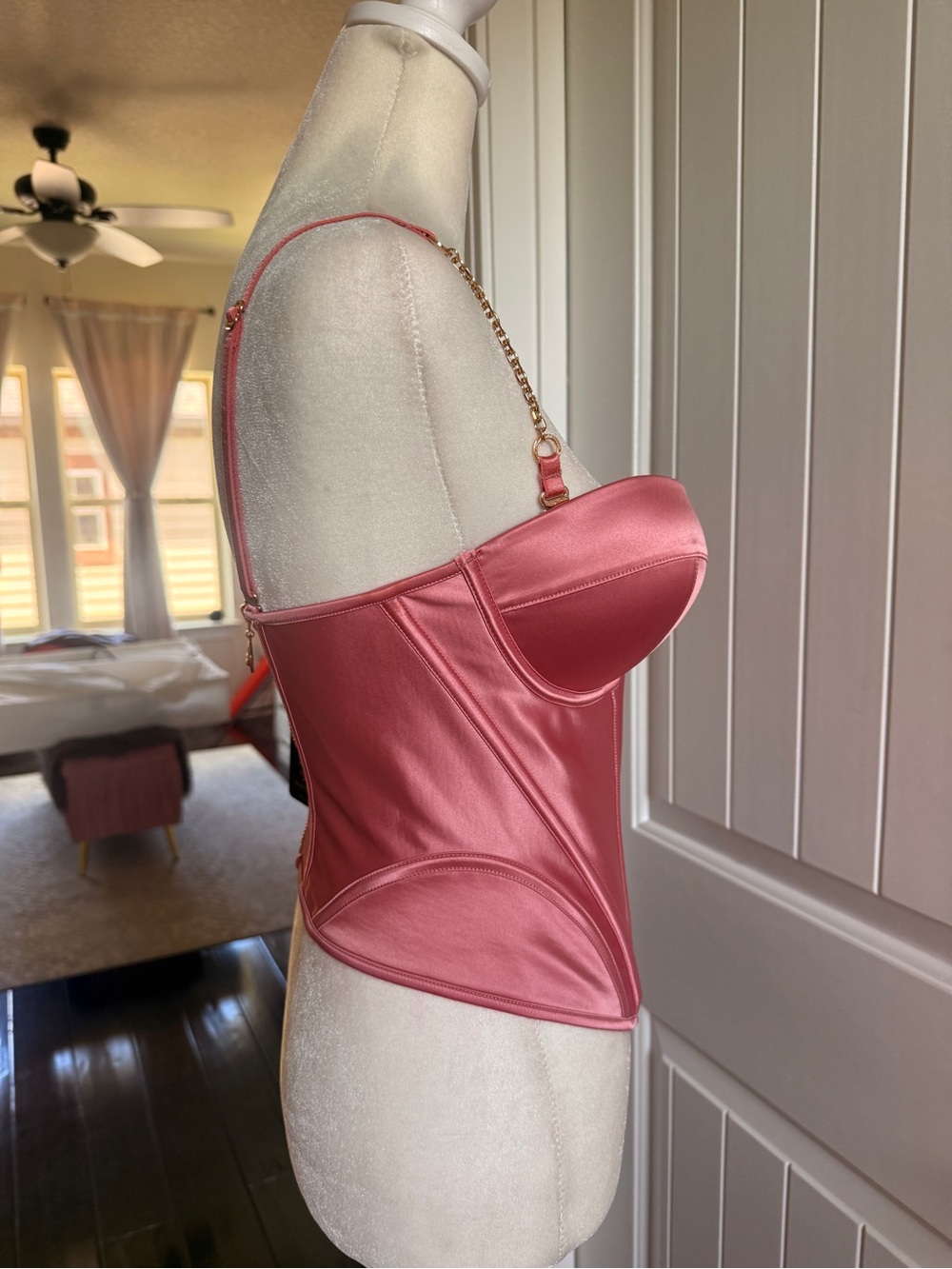 Honey Birdette Rose Pink Satin Bustier with Gold Chain Straps - Picture 6 of 10